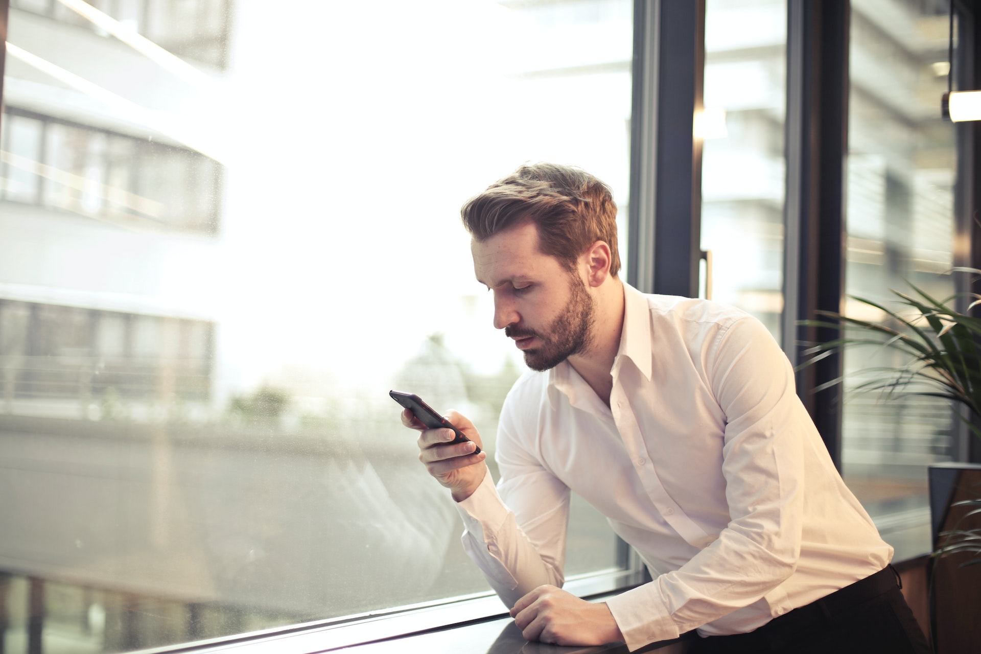 Male employee looking at mobile device while career cushioning