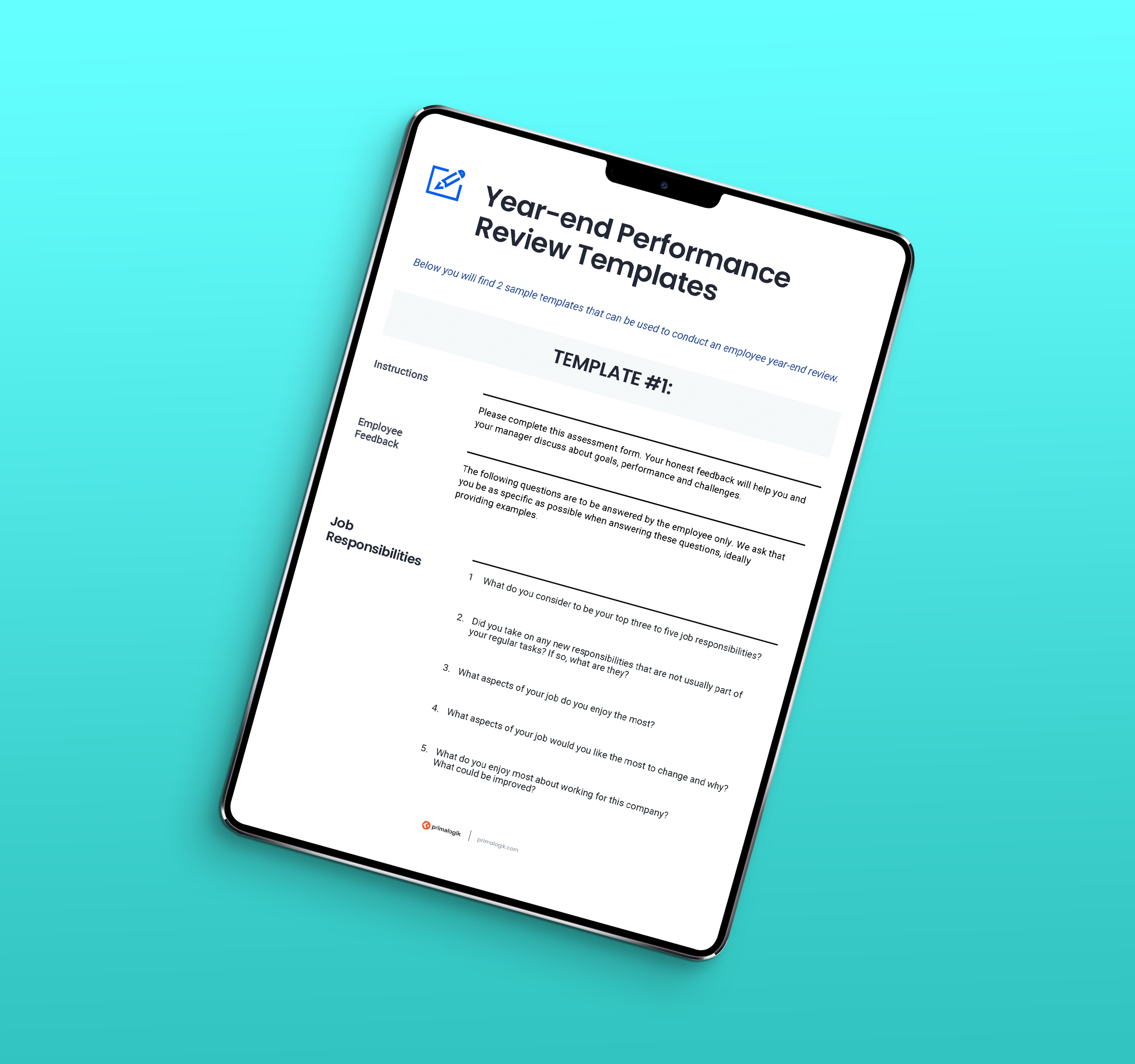 Year-end Performance Review Templates displayed on a tablet screen